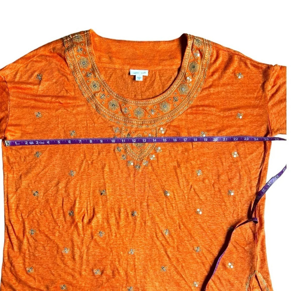 J. Jill Love Linen Shirt Blouse Top Sz Medium Orange Embroidered Sequin Boho - Picture 8 of 12